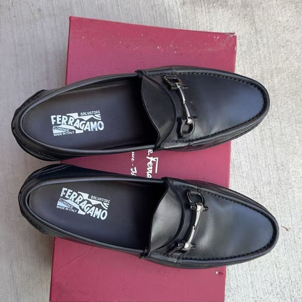 Salvatore Ferragamo Black Leather Slip-On Loafers